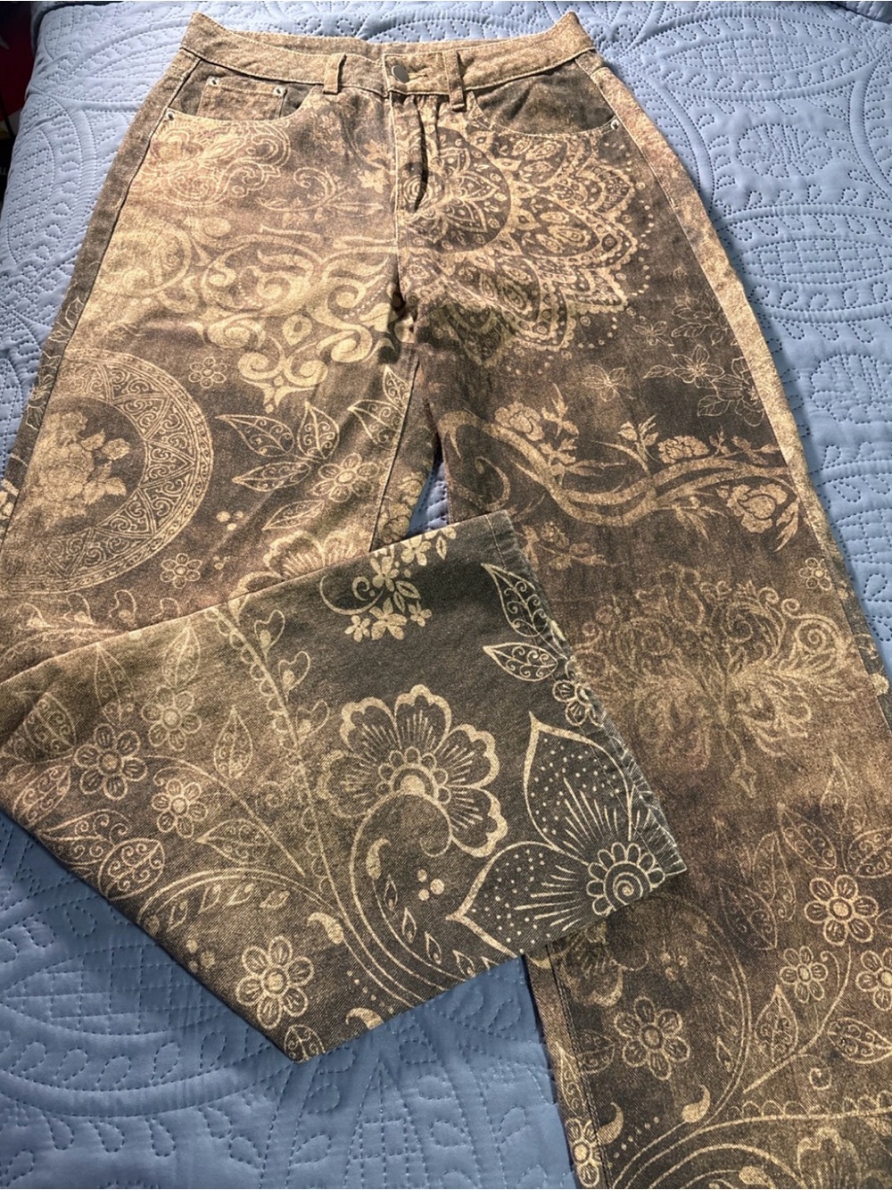 SHEIN Brown Paisley Floral Print Wide Leg Jeans Women’s Size 28 Boho